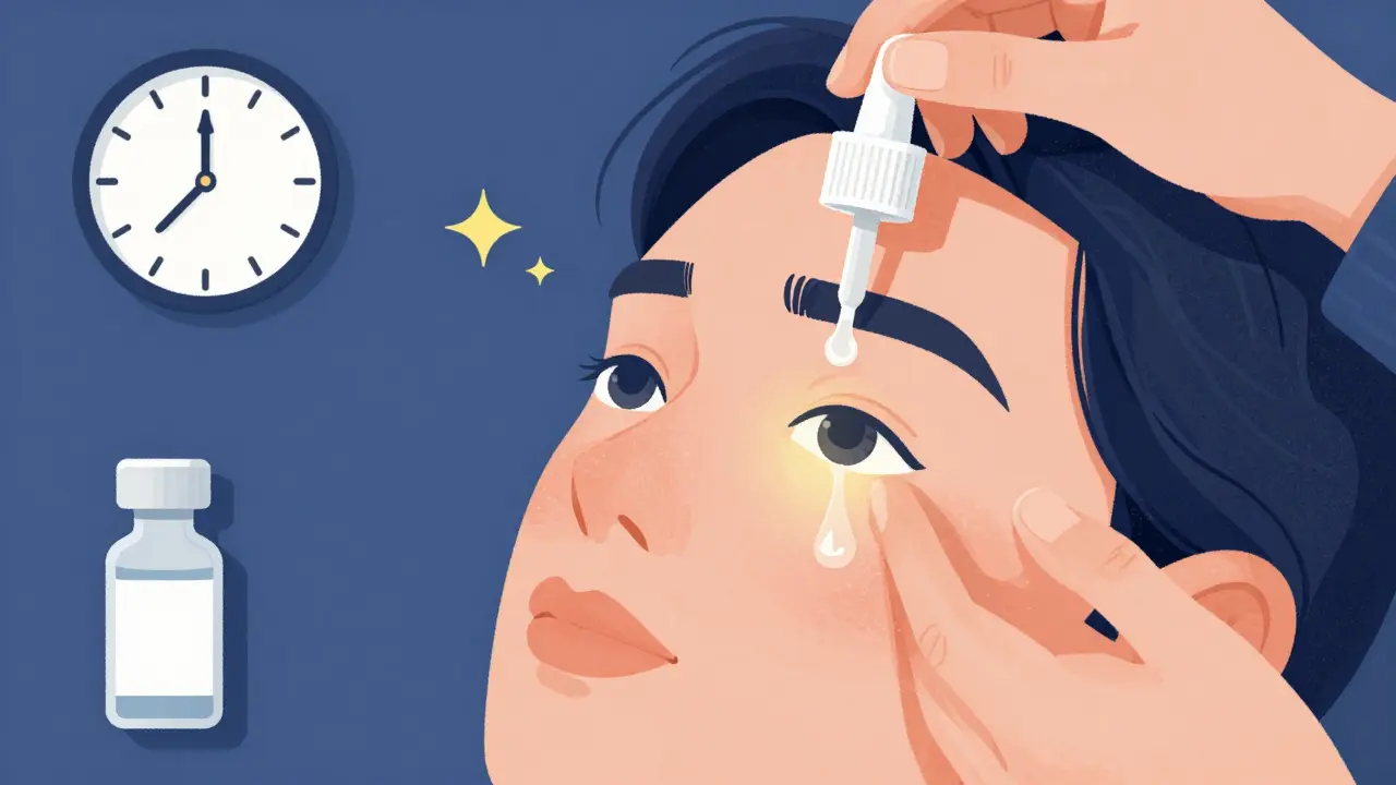 Person correctly applying eye drop with dropper hovering above eye, golden light highlighting tear film.