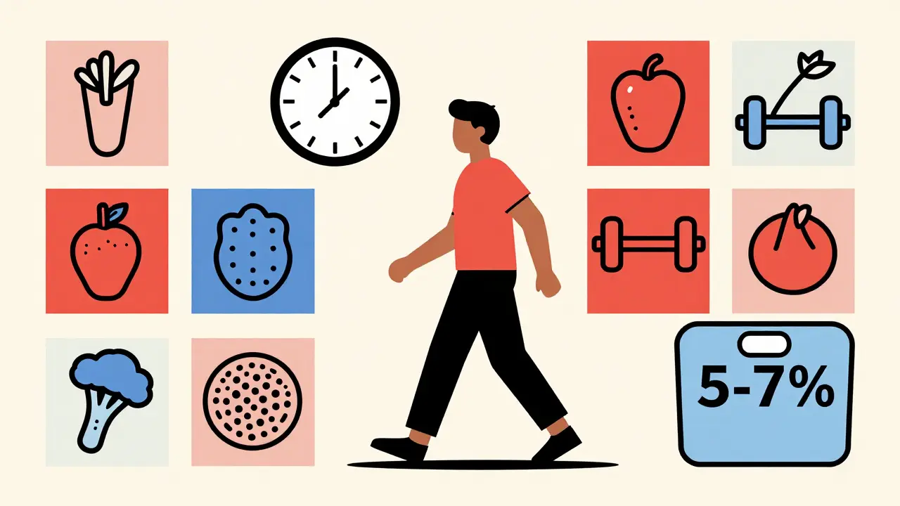 Person walking with health icons arranged in geometric patterns, Bauhaus style