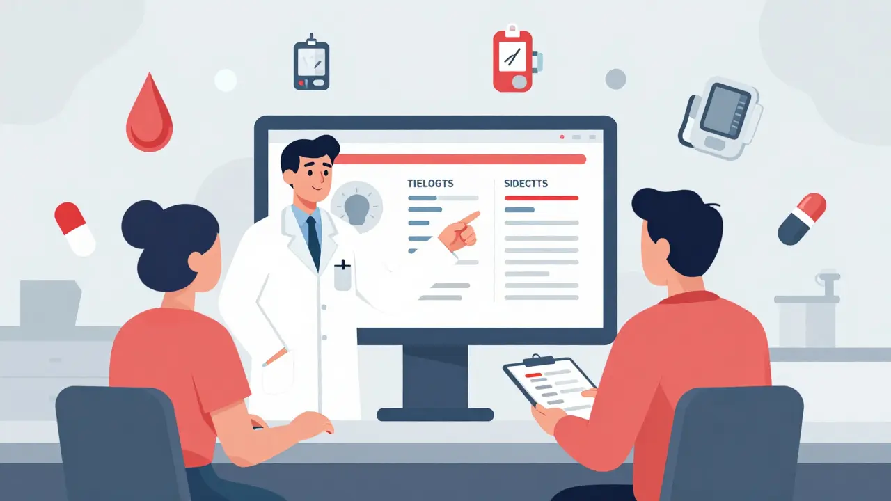 Pharmacist and patient reviewing drug interactions on a screen with abstract medical icons