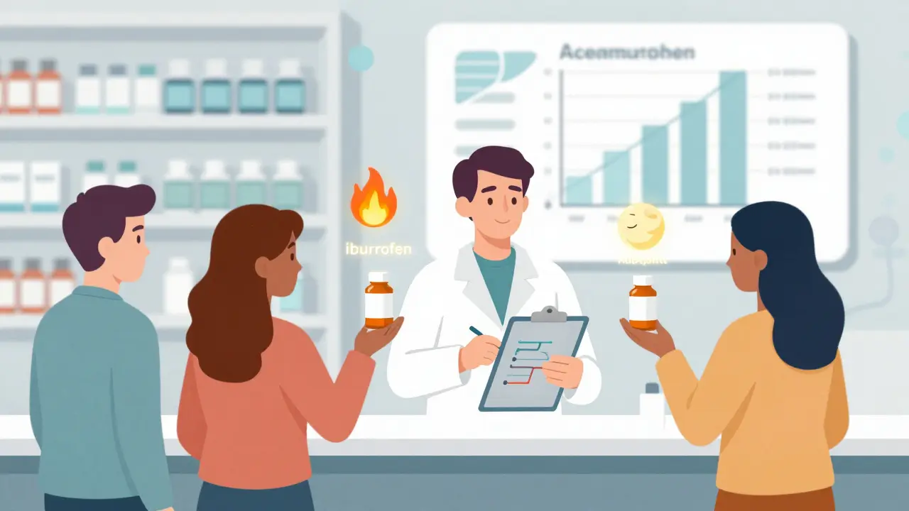 Pharmacist reviewing floating active ingredient icons of medications in a minimalist pharmacy.