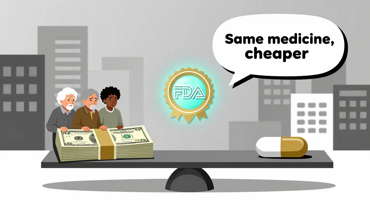 Scale balancing money and pill, worried patients on money side, FDA badge and 'Same medicine, cheaper' tip the scale.
