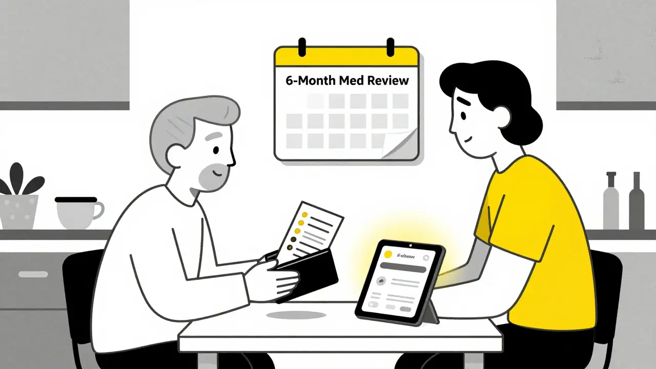 Senior and helper updating medication list at kitchen table with review calendar visible