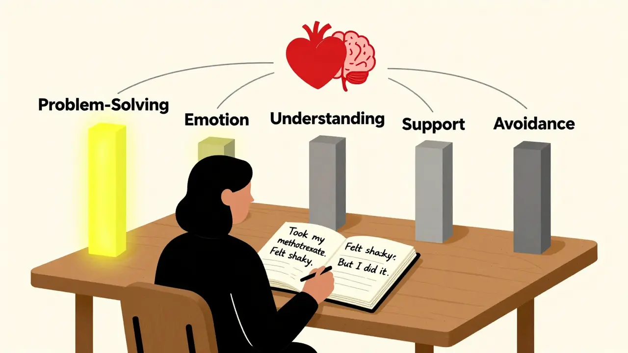 Someone journaling with icons representing five coping strategies, four glowing as effective.