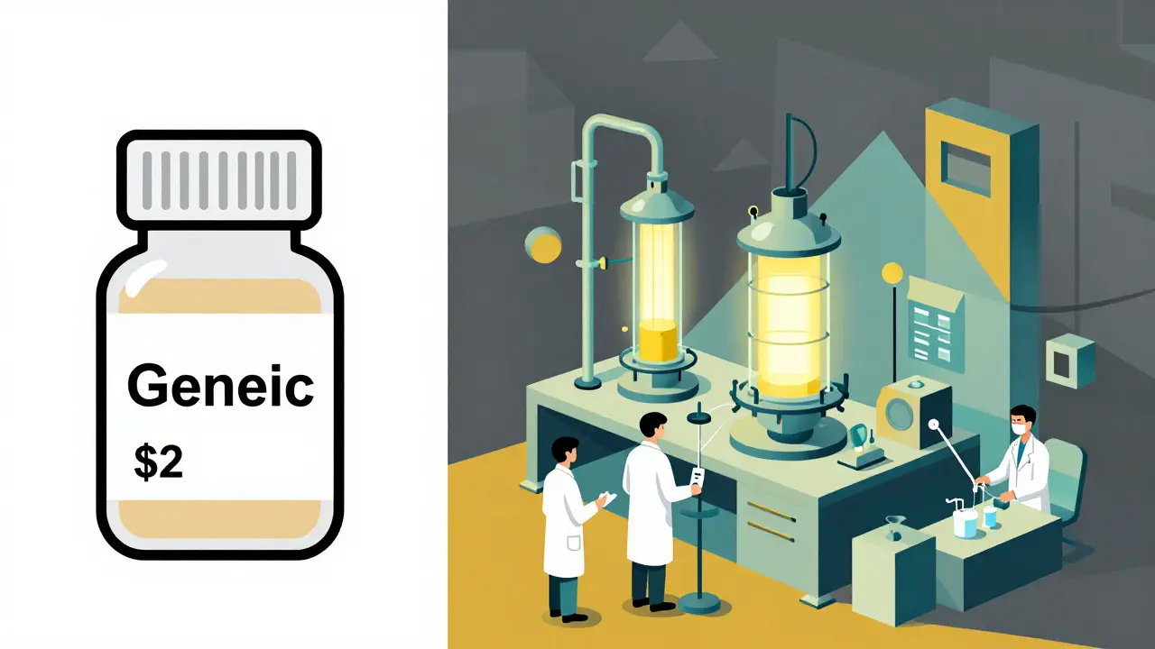 Split scene: simple generic pill vs. complex biotech lab with glowing reactors