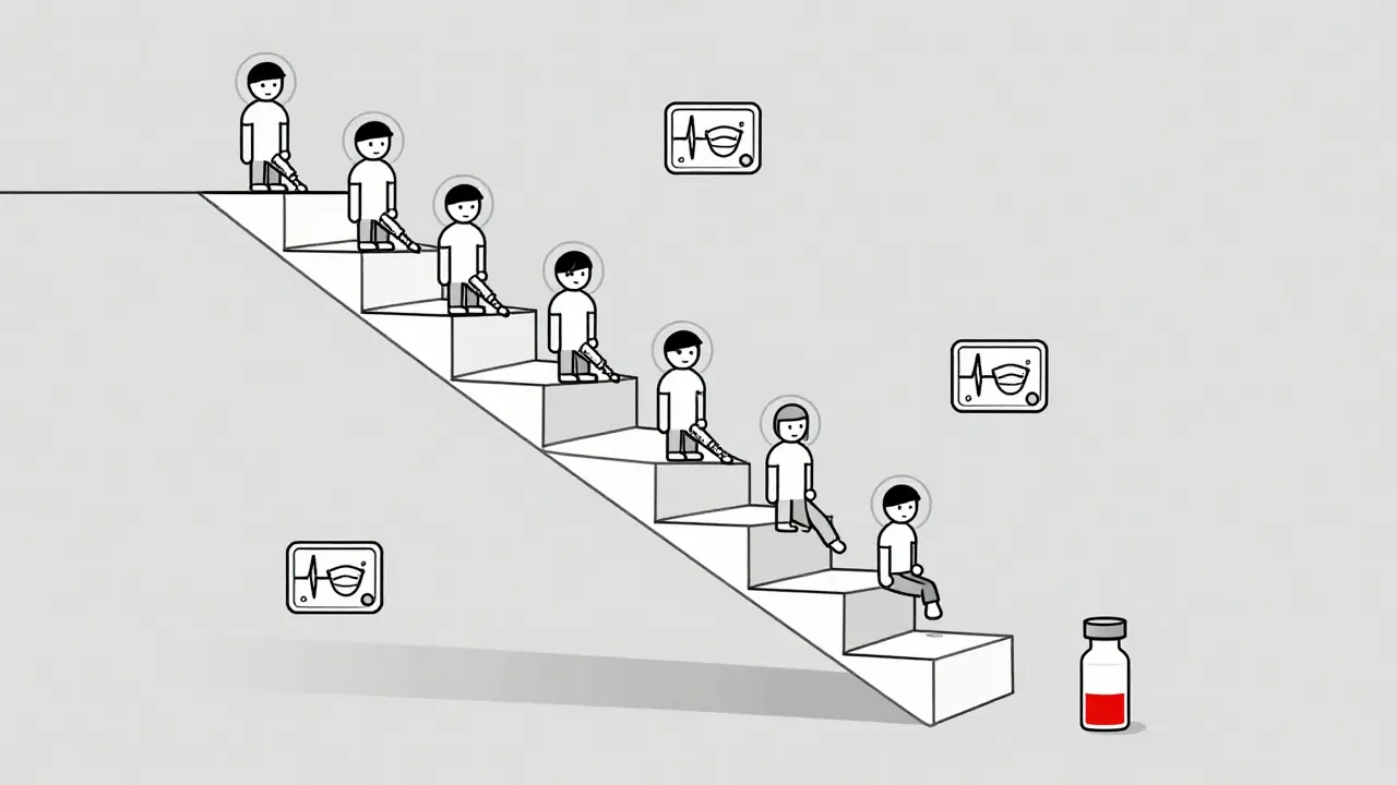 Staircase of vials illustrating gradual desensitization to chemotherapy drug, with patient figures and monitoring icons in minimalist Bauhaus style.