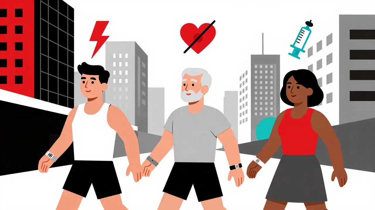 Three people wearing medical alert bracelets, each with abstract icons floating above representing allergies, blood thinners, and insulin.