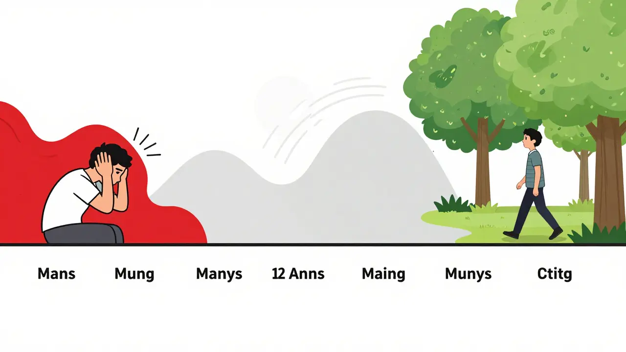 A horizontal timeline showing emotional transformation from stress to calm as tinnitus reduces from loud waves to a tiny dot.