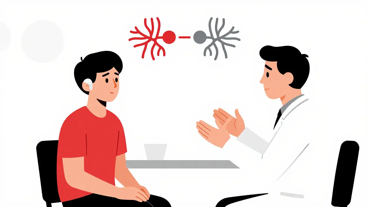 A patient and audiologist in a minimalist room, with discreet sound devices and abstract neural pathways dimming from red to gray.