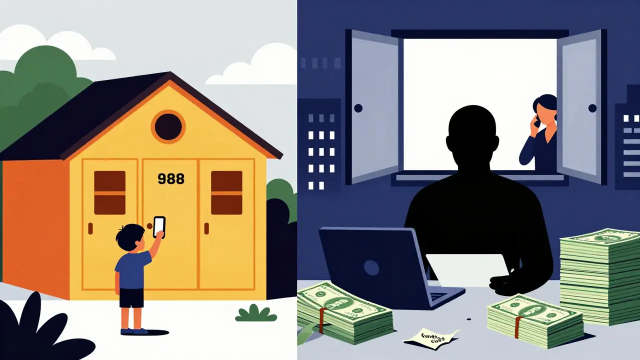 A rural home with locked medicine cabinet beside a city scene of funding cuts, both connected by a 988 call symbol.