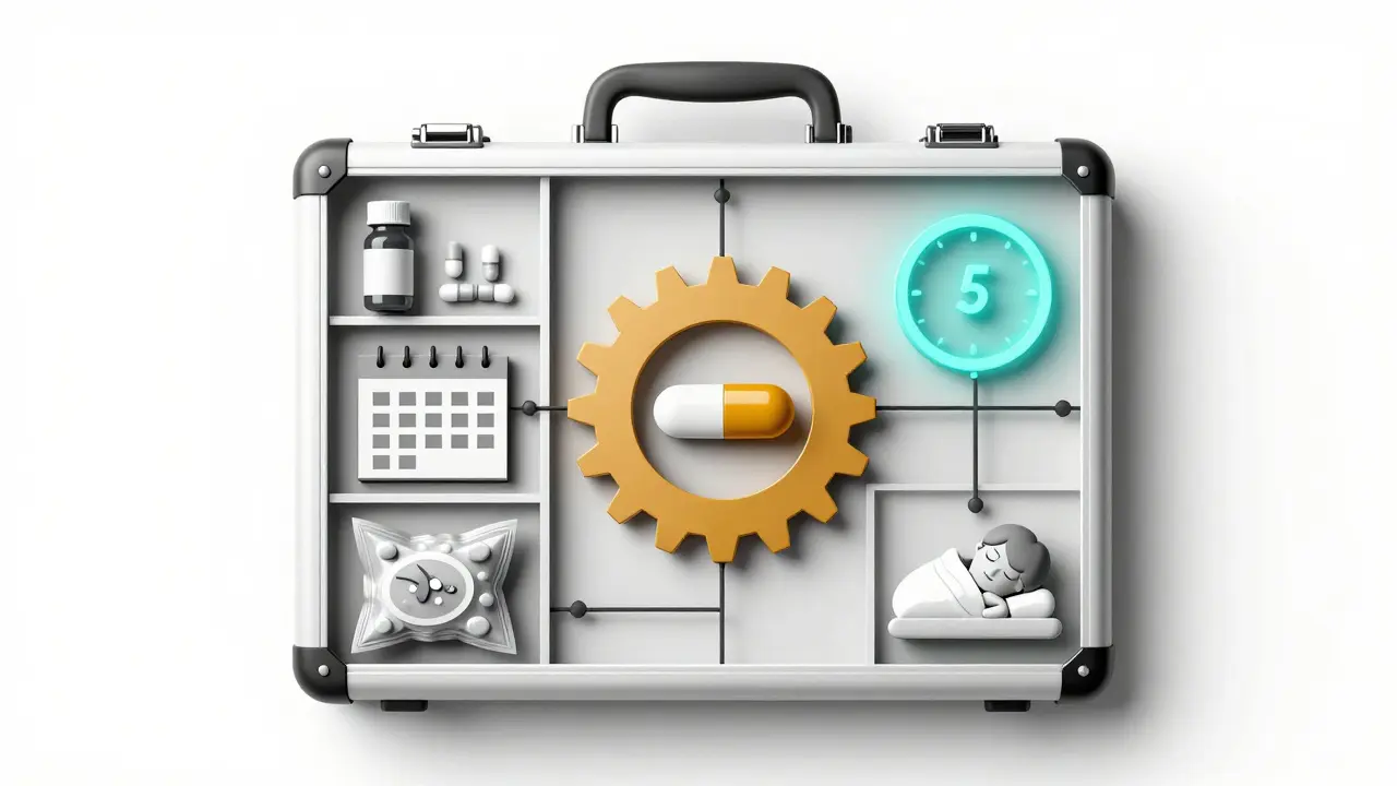 An adult’s daily system with medication, calendar, and 5-minute rule as interconnected modules.