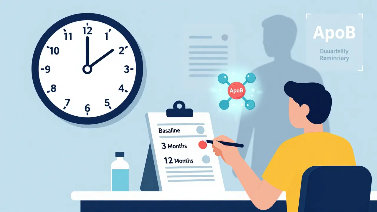 Doctor updating a patient's file with three key test dates, while outdated quarterly tests fade away, in Bauhaus style.