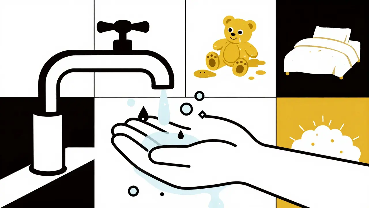 Hand washing away Giardia and pinworm eggs with geometric water droplets and clean lines