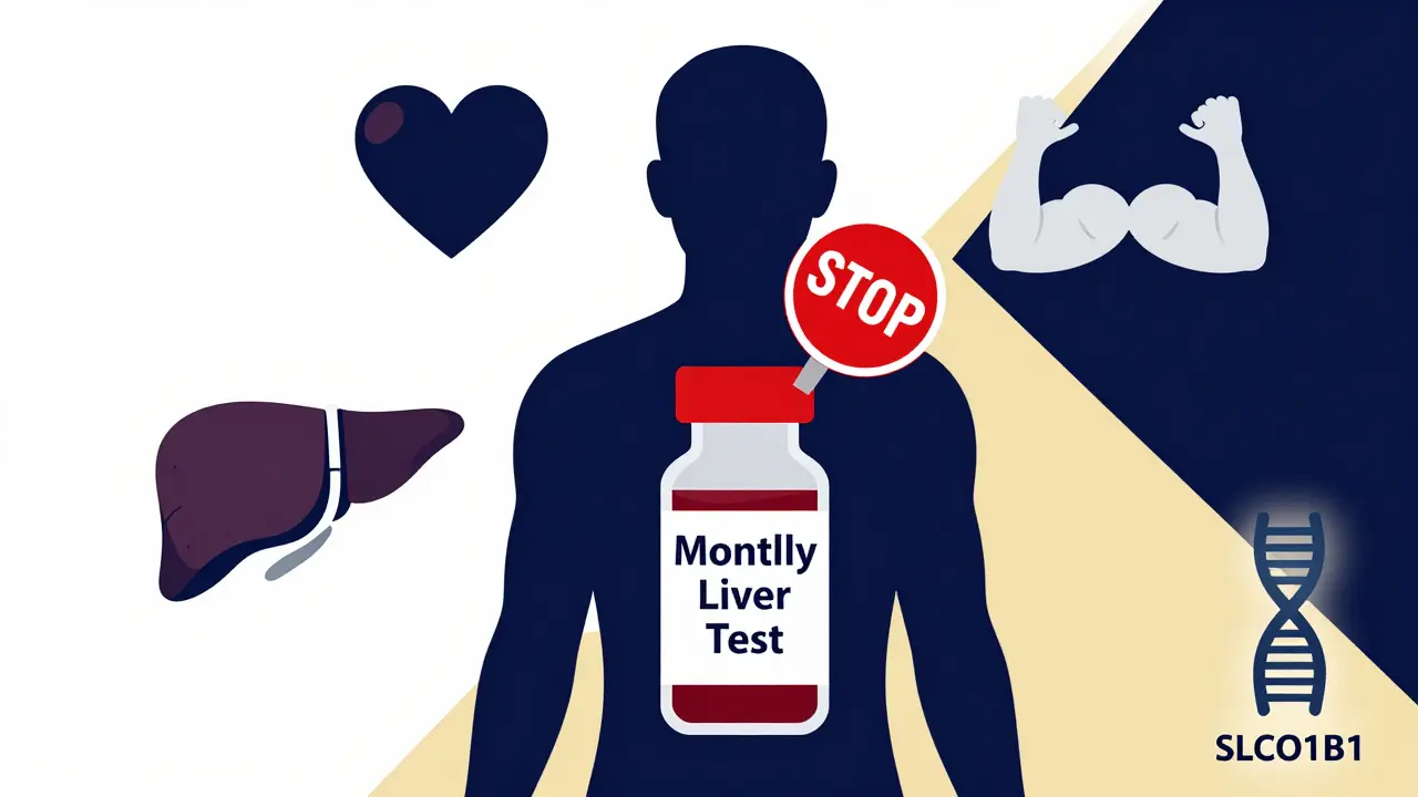 Human silhouette with medical icons, a red 'STOP' sign over monthly blood tests, and a glowing genetic helix, in Bauhaus style.