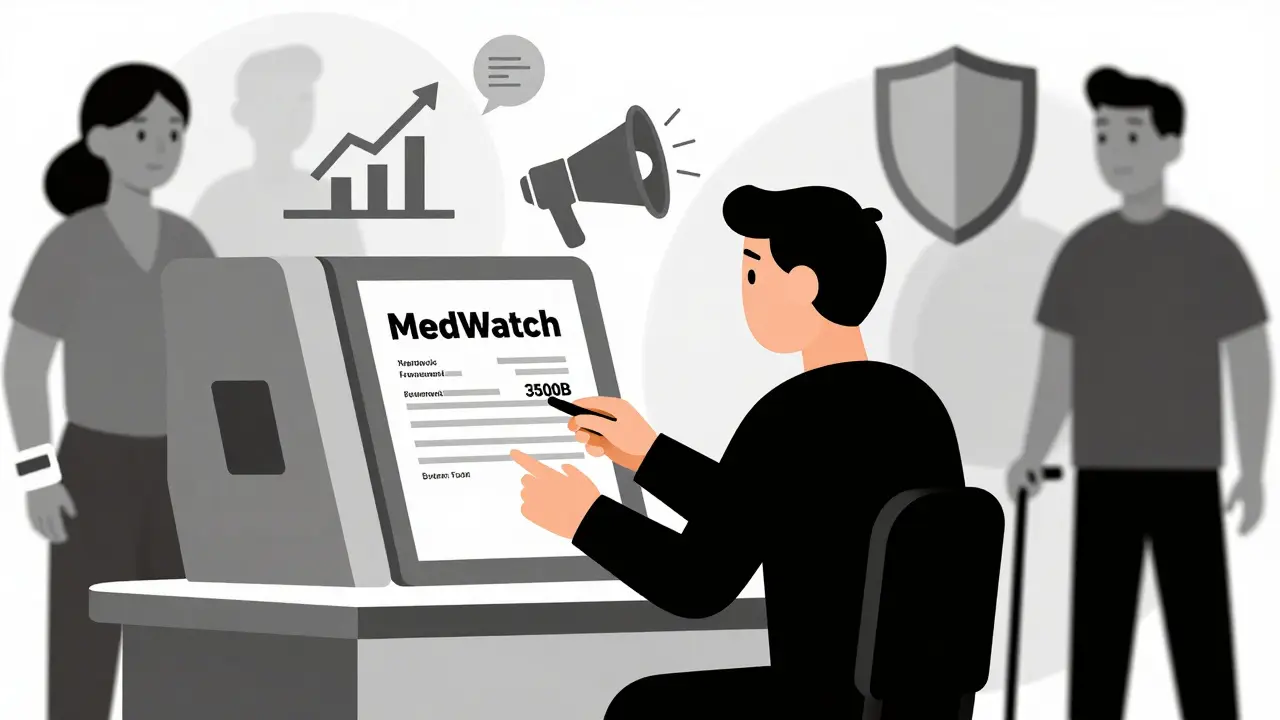 Patient submitting an adverse event report at a stylized FDA kiosk with abstract safety icons floating above.