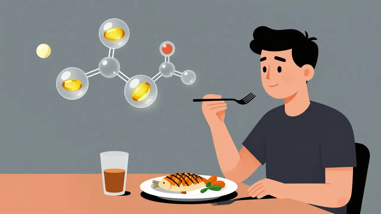Person eating healthy meal with floating molecular structures neutralizing inflammation in geometric style.