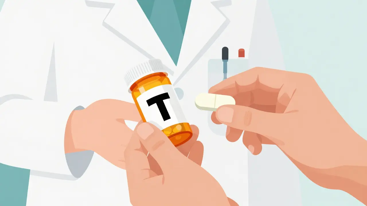 Pharmacist presenting brand and generic pill packaging with abstract geometric shapes