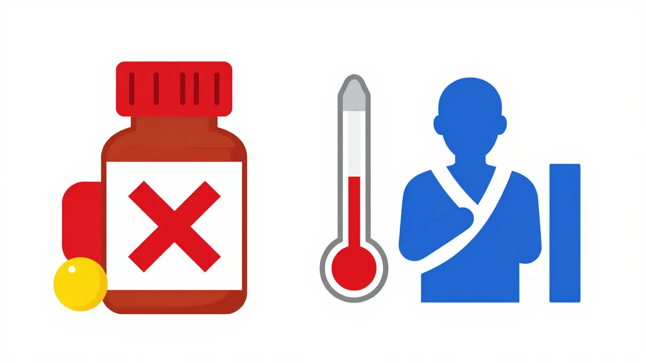 Pill bottle with red X, thermometer, and hospital icon for prevention steps