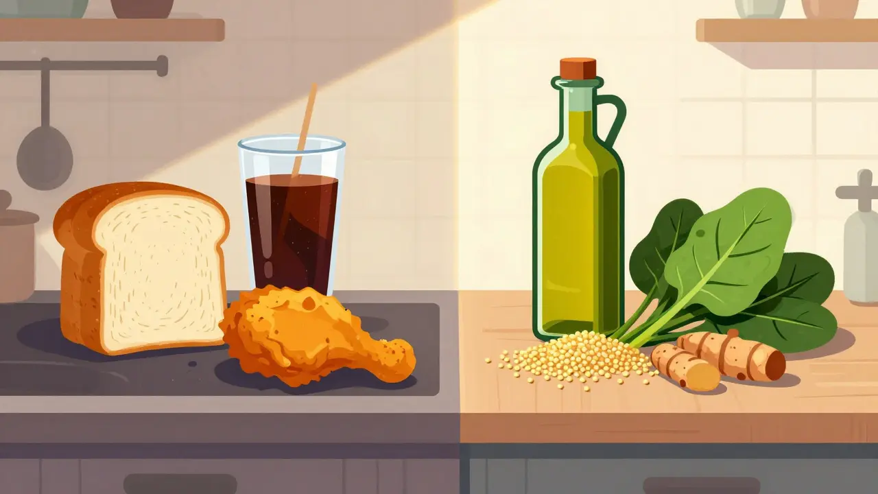 Split kitchen scene: processed foods on left, whole foods on right, contrasting light and shadow.