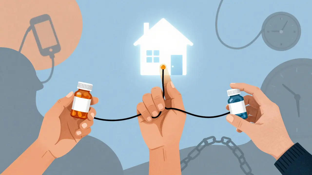 Three hands from different ages holding pill bottles that connect into a thread leading to a crisis center shaped like a house.