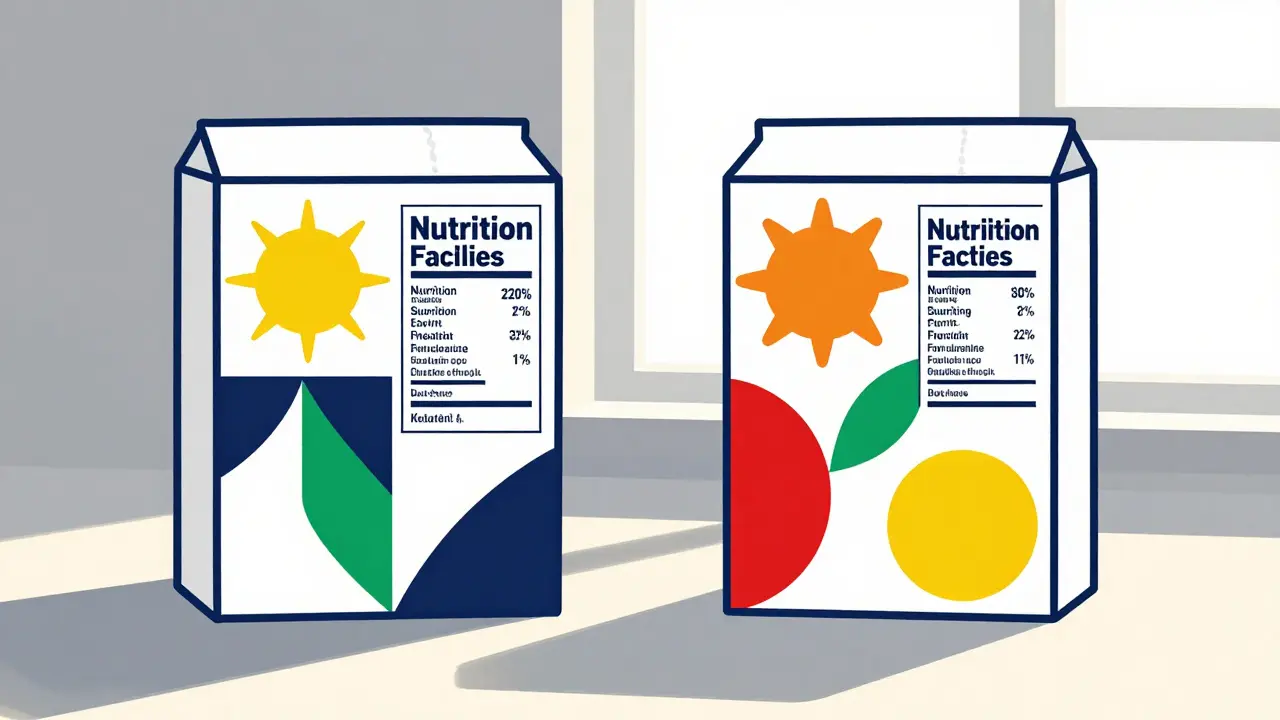 Two cereal boxes with geometric designs showing identical nutrition facts