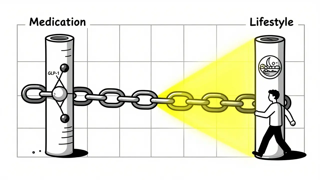 A broken chain of disease factors stopped by two pillars labeled Medication and Lifestyle in abstract Bauhaus geometry.