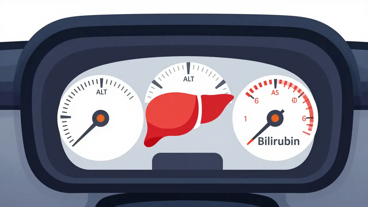 A car dashboard with liver biomarker gauges instead of engine indicators, in minimalist Bauhaus design.