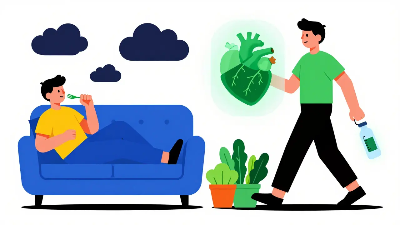 A split figure contrasting unhealthy habits with healthy ones, surrounded by glowing medical symbols in Bauhaus design.