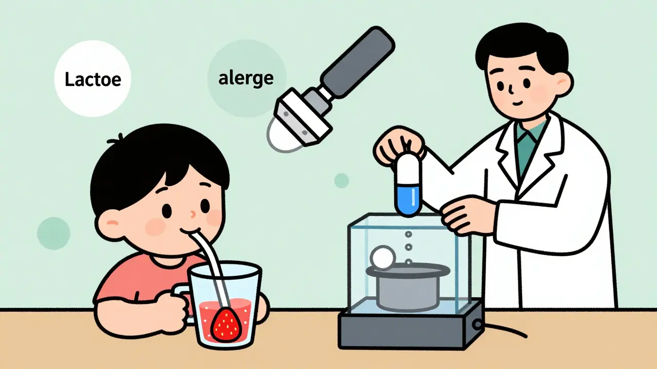 Child drinking flavored liquid medicine while allergens disappear in the background.