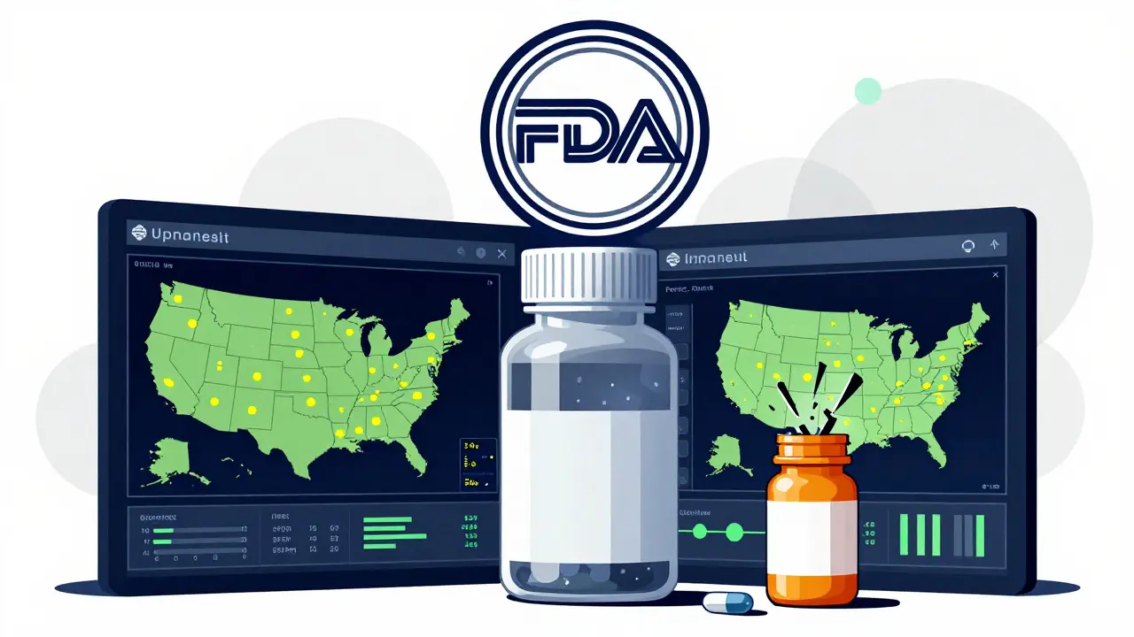 Digital dashboard tracks adverse drug events across the U.S. with warning symbols over pill bottles.