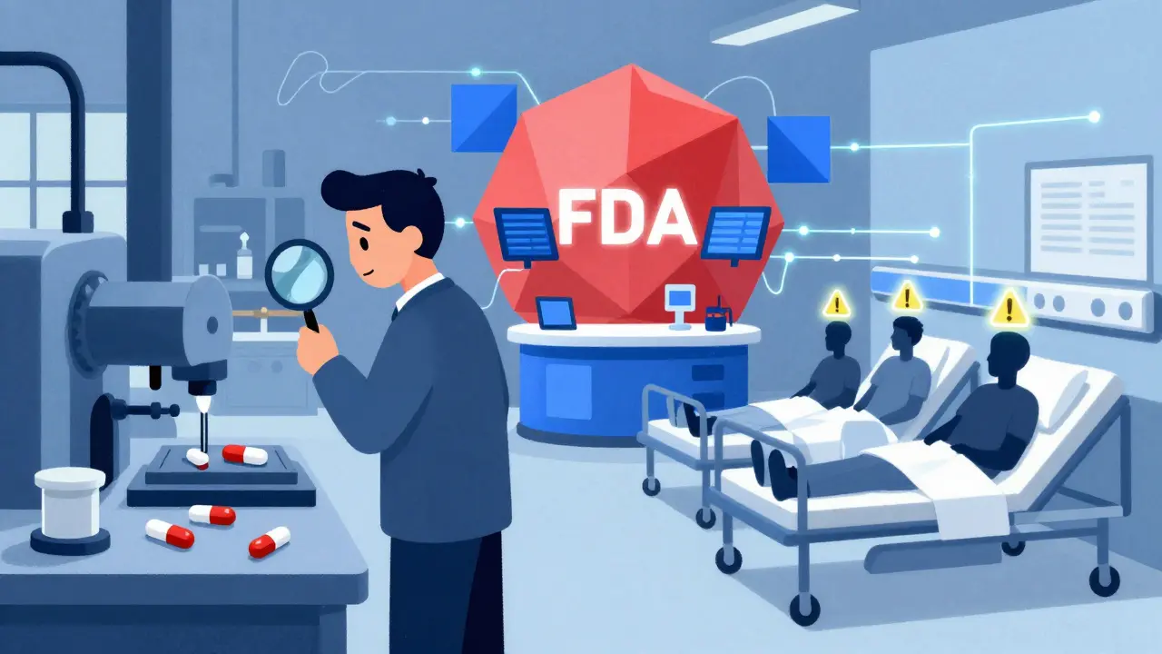 Factory production of generic drugs connects to patient health monitoring via data lines in bold Bauhaus design.