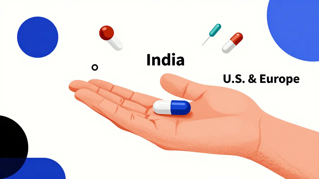 Giant Indian generic pill dwarfing branded pills with abstract drug components