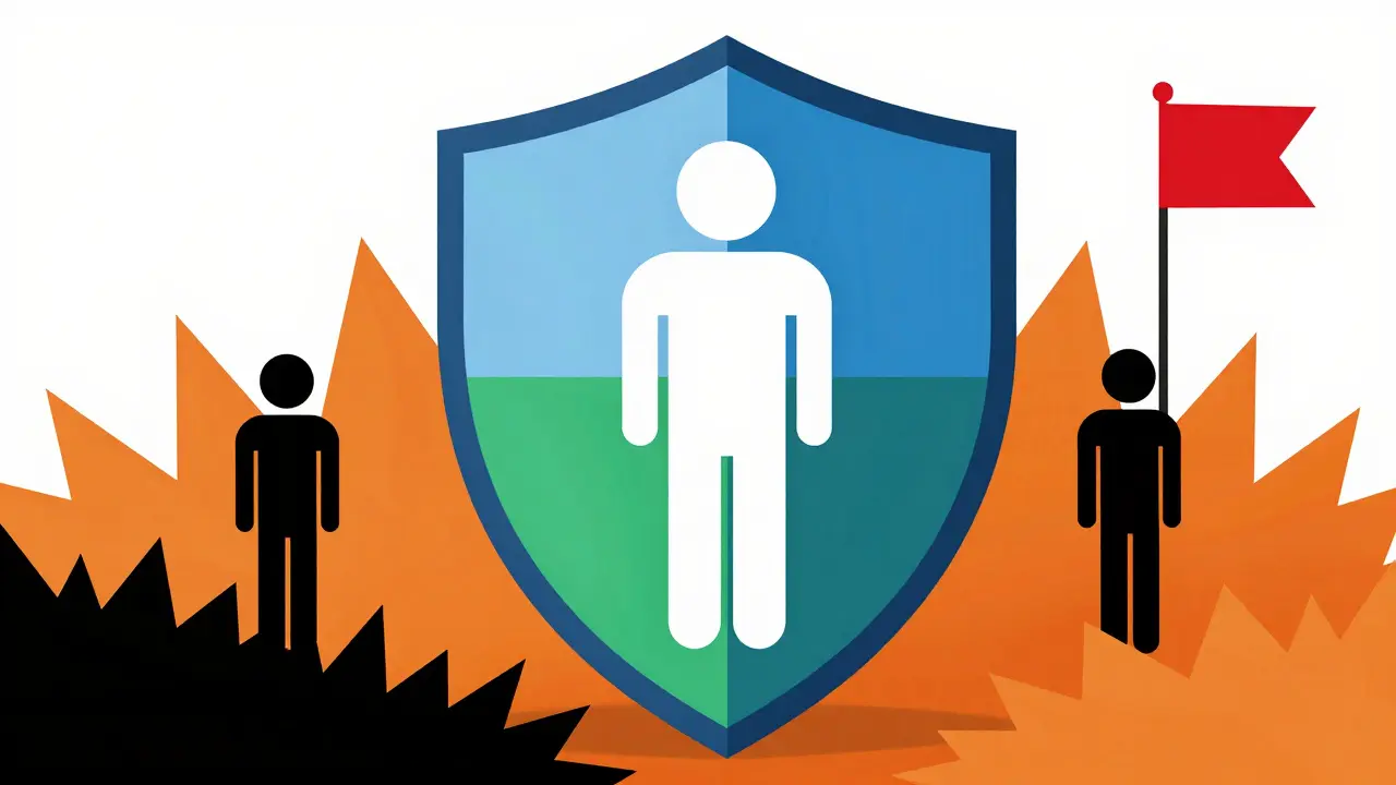 Human figure protected by a shield against jagged threat spikes