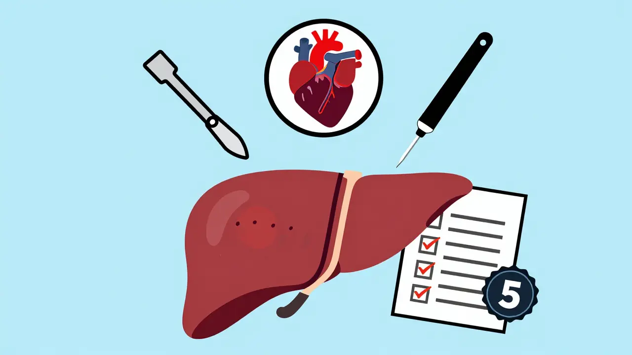 Liver with three treatment tools: resection, transplant, and ablation, in clean geometric style.