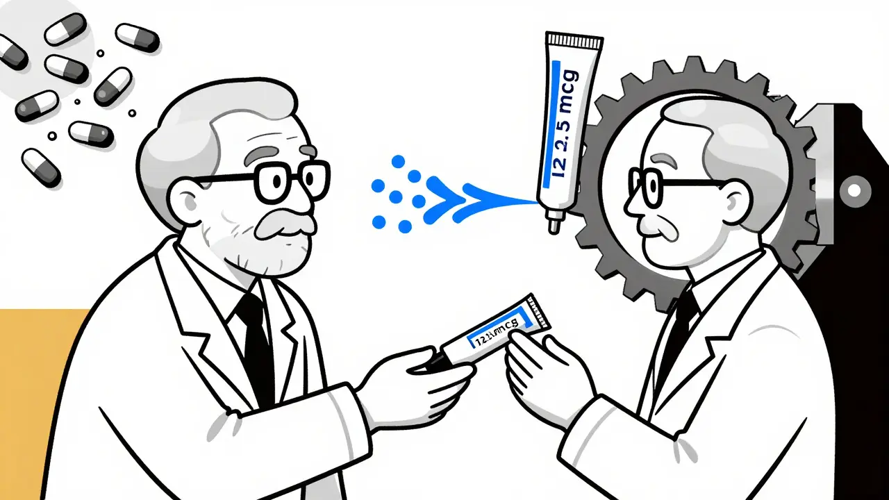 Senior receiving topical cream as mass-produced pills crumble, replaced by precision dosing.