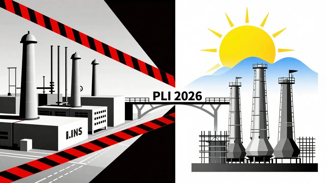 Split scene: China's API dependency vs India's PLI-driven self-sufficiency in Bauhaus style