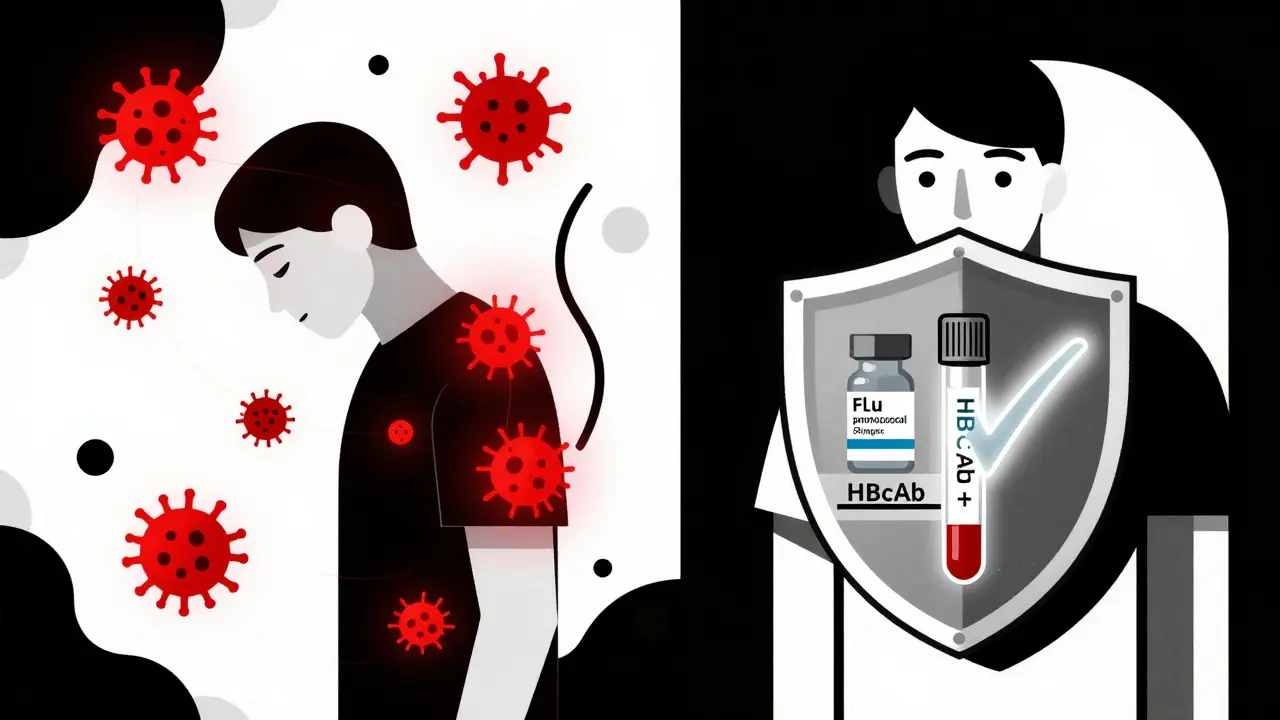 Split scene showing infection risks vs. vaccine protection, illustrated in bold Bauhaus abstract forms.