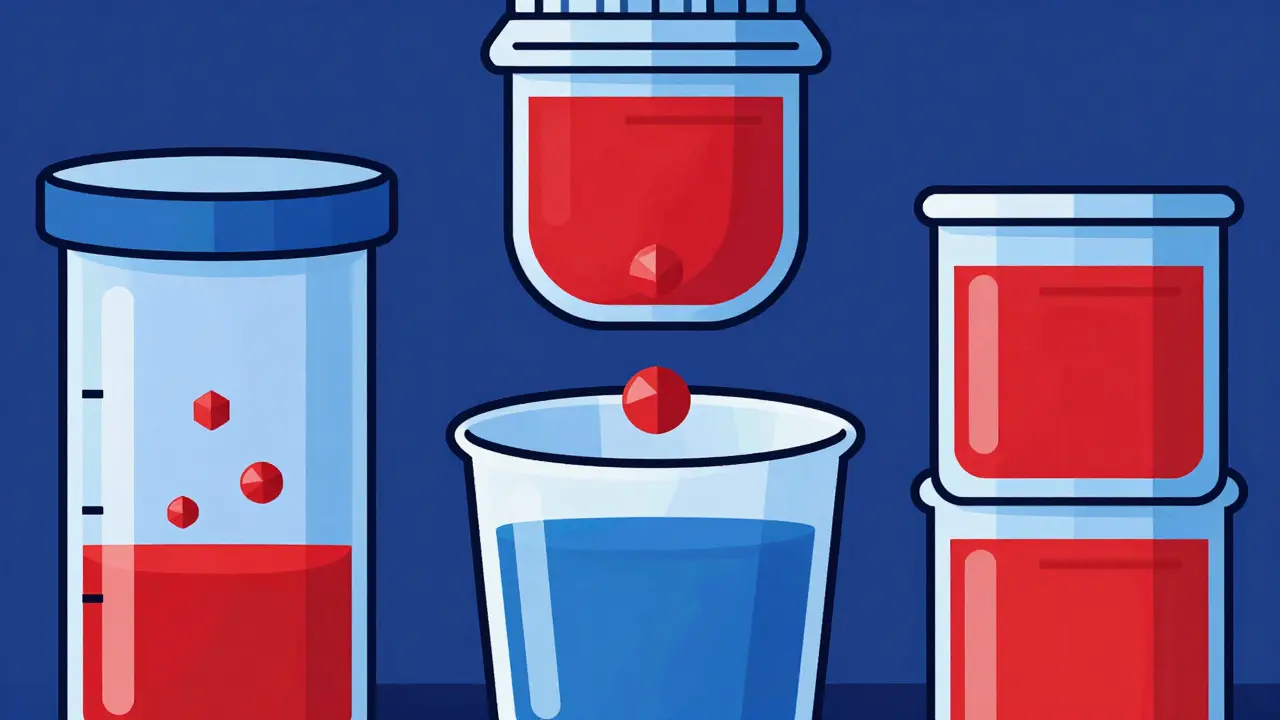 Stylized geometric shapes representing medical test vials and fluids.