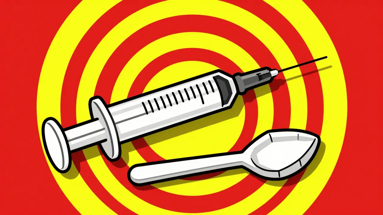 Stylized syringe compared to spoon emphasizing accurate medicine measurement tools.