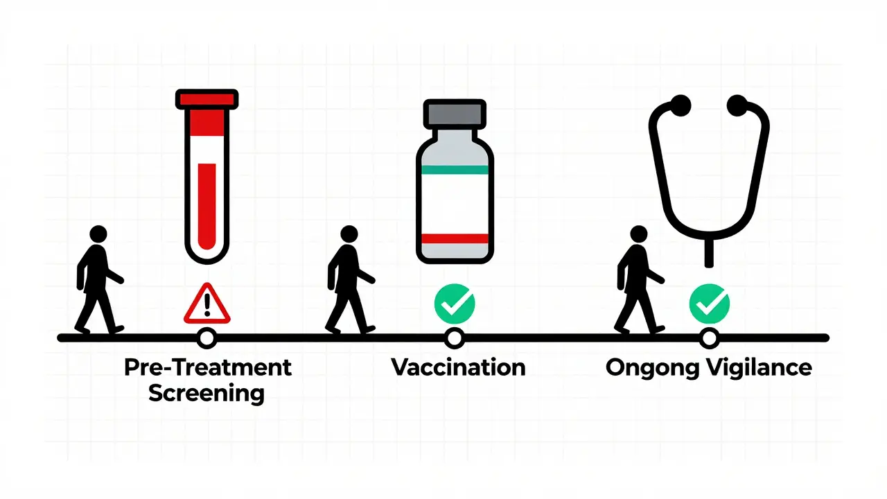 Timeline of biologic safety steps with icons and checkmarks, rendered in minimalist Bauhaus design.