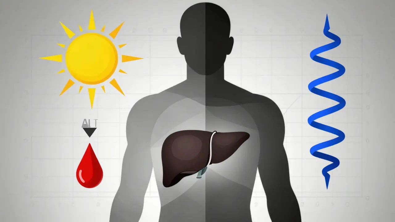 Transparent human silhouette with abstract liver symbols in geometric shapes representing biomarkers.