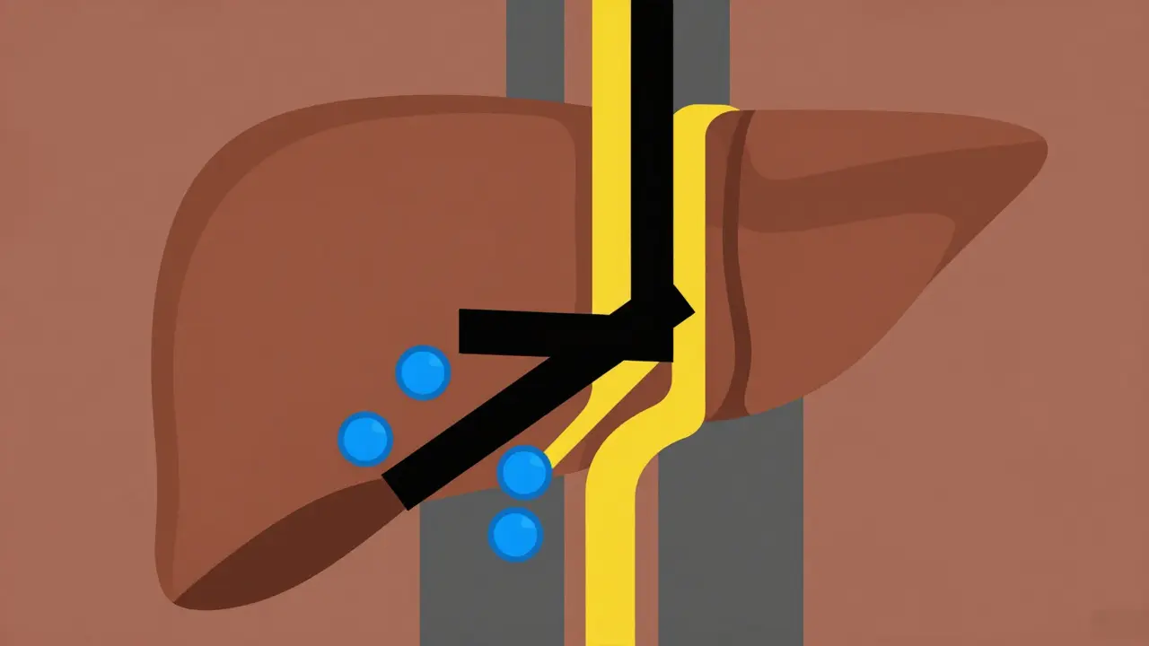Abstract Bauhaus illustration of a liver blockade preventing medication clearance.