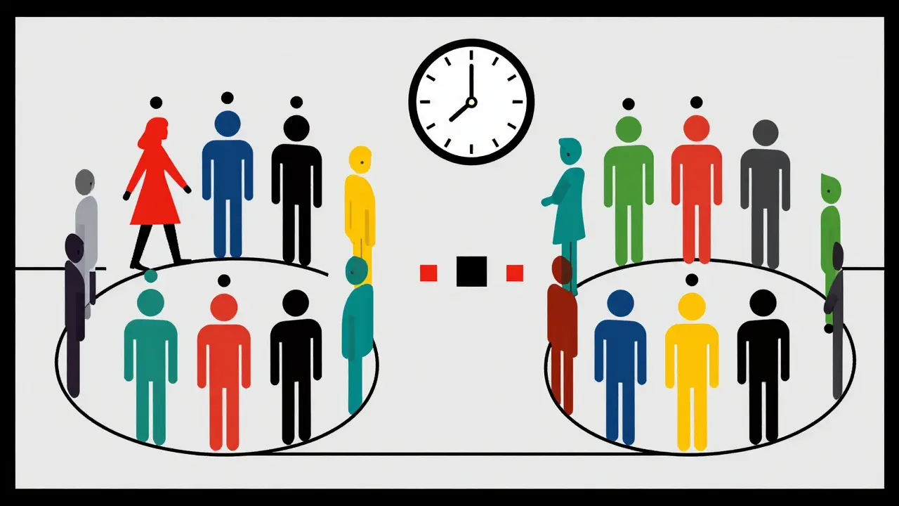 Bauhaus style diagram showing human figures in a symmetrical crossover study layout.