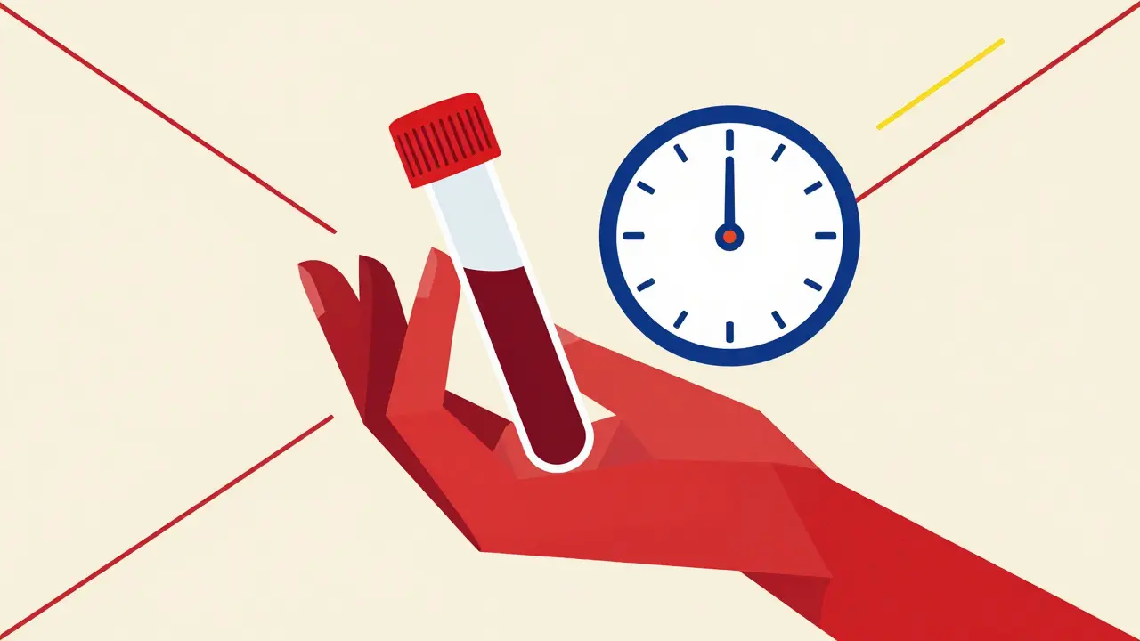 Bauhaus style illustration of a blood vial and clock symbolizing medical monitoring.