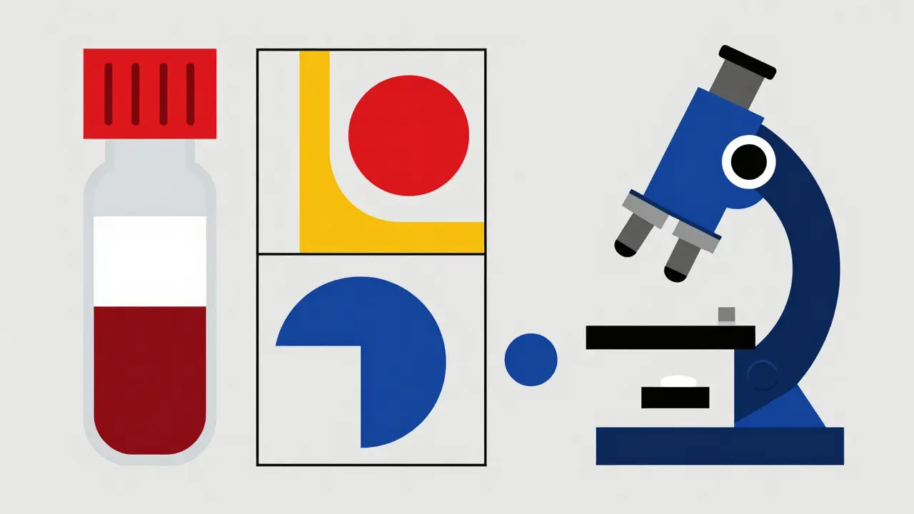 Geometric illustration of a blood vial and medical tools in Bauhaus style.