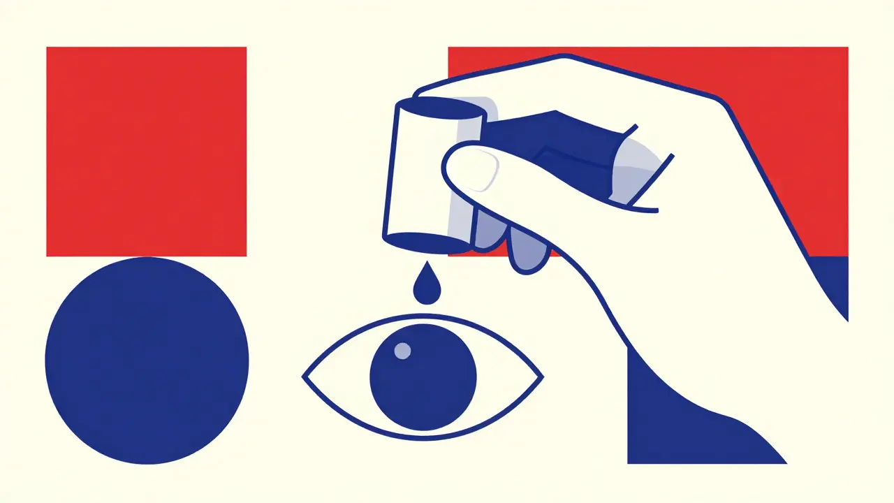 Minimalist Bauhaus illustration of a drop falling from a bottle toward an eye.