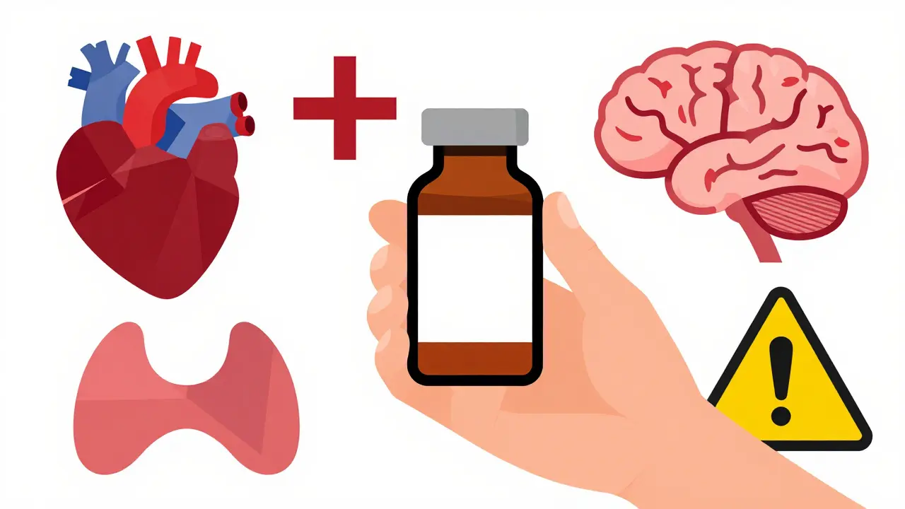 Minimalist Bauhaus illustration of a medicine bottle surrounded by abstract organ symbols.