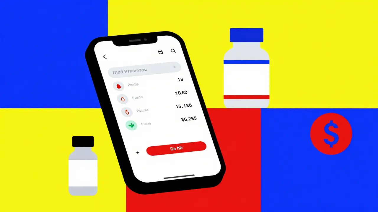 Modernist Bauhaus art showing a smartphone and medicine bottle to represent affordable online pharmacy shopping.