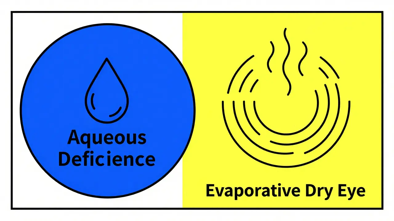 Split Bauhaus graphic showing water deficiency versus tear evaporation symbols.